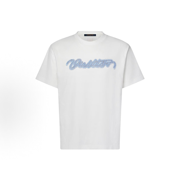 louis vuitton denim script embroidered short sleeve t-shirt
